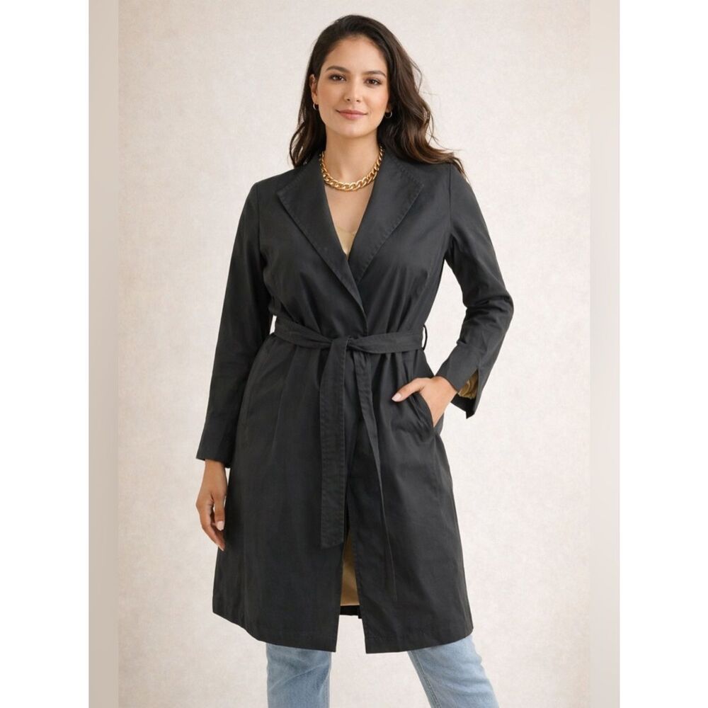 Banana Republic Black Cotton Belted Trench Coat Open Front Gold Lined Medium - Picture 16 of 16
